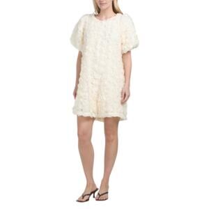 Le February Women’s Size Large Ivory 3D Rosette Mini Dress Puff Sleeve Bow NWT